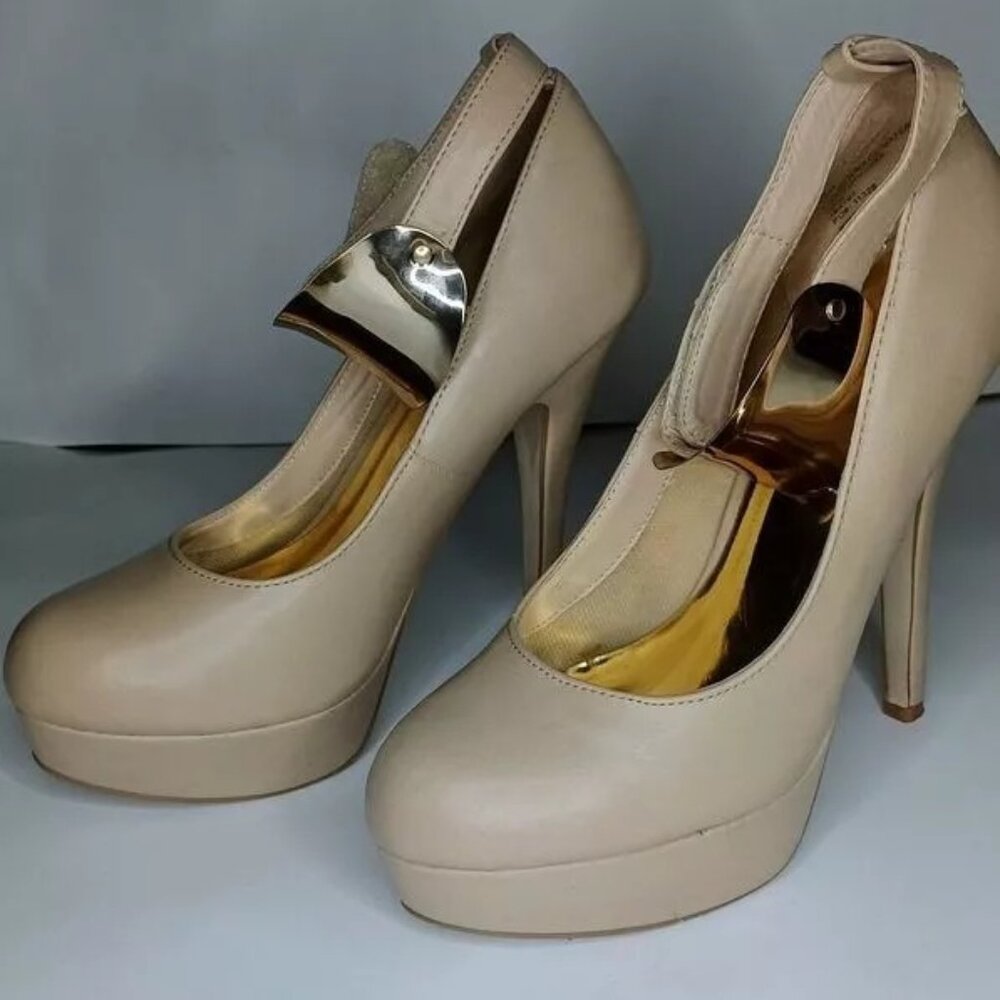 HOT TOMATO-TAN STRAPPY Platform HEELS SIZE 7.5M with gold buckle &sticky closure